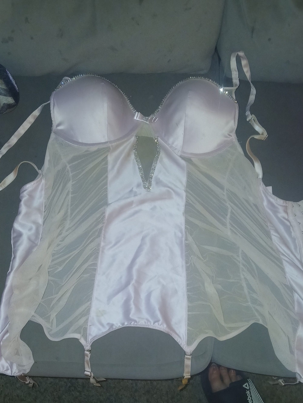 Satin & Sheer Light Pink Bustier with Rhinestone Trim